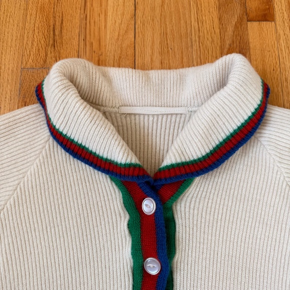 Vintage 70s Handmade Cream Knit Cardigan With Stripe Trim - Picture 6 of 8